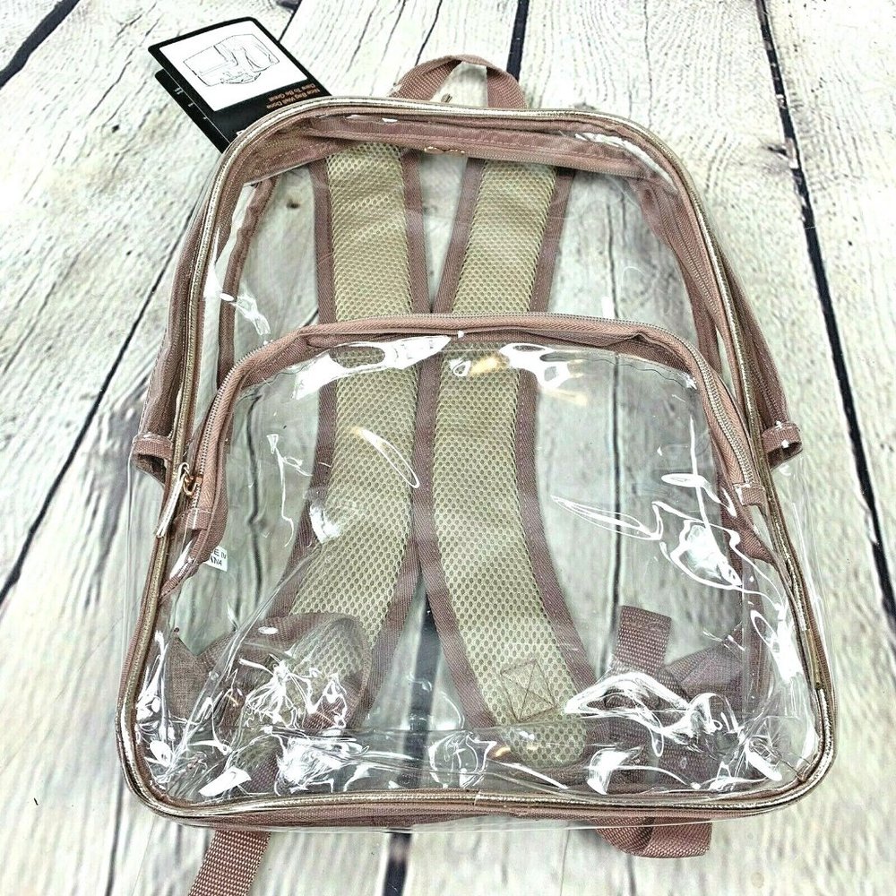 New Clear Backpack Nice EBag School Travel Dusty Rose Pink Fabric & Vinyl PVC